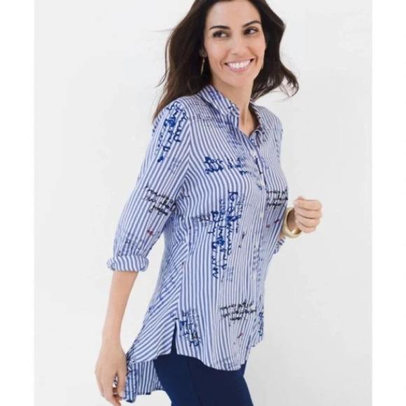 Chico’s • Blue & White Stripe Martini Button Up Conversational Shirt - Picture 1 of 8